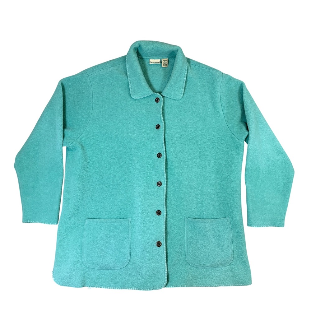LL Bean Womens 2X Teal Green Fleece Button Up Cardigan Jacket 0RF12